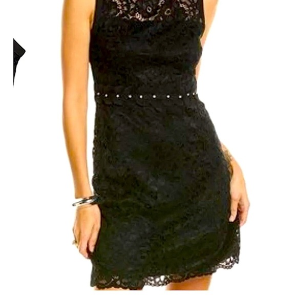 Sam Edelman Size 16 Black Lace Crochet Mini Dress, Crystal Waist design NWT - Picture 1 of 11